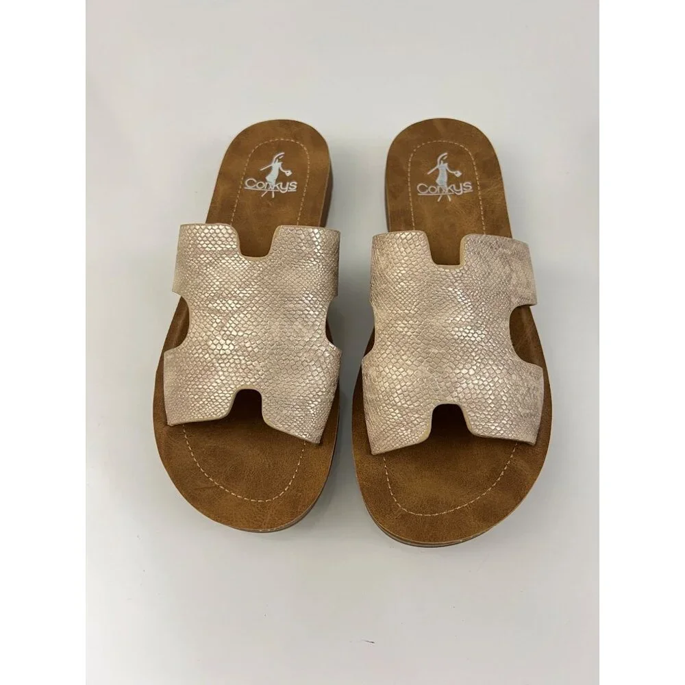 Corkys Sandals Women's 6 Bogalusa Slide Tan Faux Leather Open Toe Slip On Wedge - Picture 2 of 9